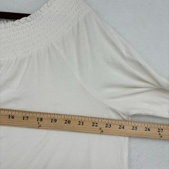 Chico's Stretch Knit Blouse Top Boat Neck Crochet Fringe Lace Trim White Size L - Picture 8 of 11